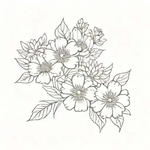 bouquet of primrose flower, aster flower, chrysanthemum flower, and narsicus flower tattoo design idea