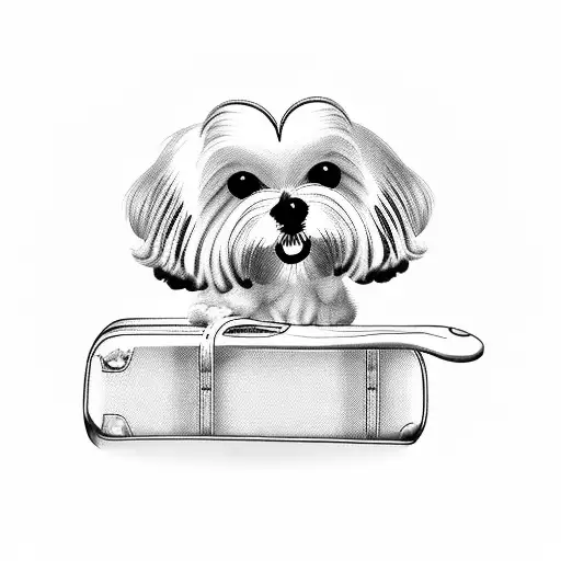 A blackwork tattoo of a cute Maltese dog with a travel suitcase, symbolizing your love for both pets and traveling. tattoo design idea