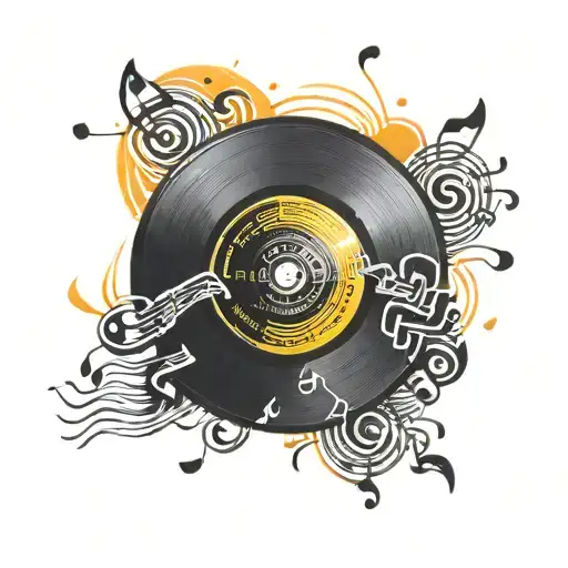 A vinyl record morphing into a sun with musical notes radiating outwards tattoo design idea
