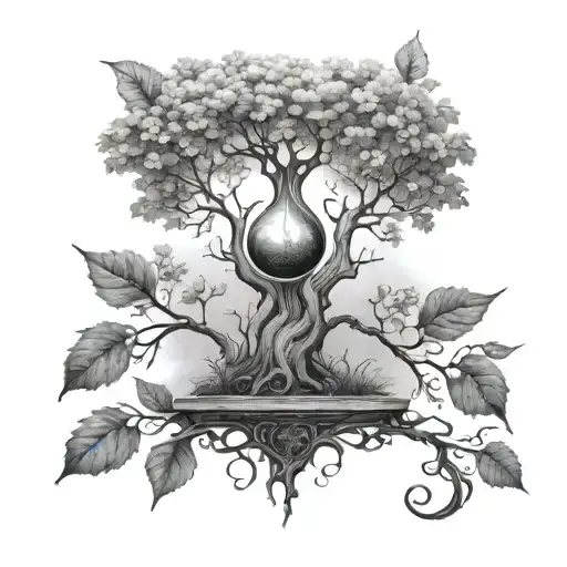 tattoo design of a tree with few leaves, and an hourglass tattoo design idea