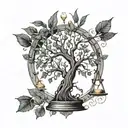 tattoo design of a tree with few leaves, and an hourglass the leaves represent important people who have already tattoo design idea