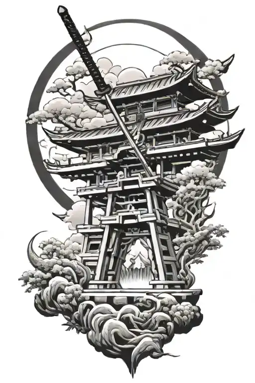 torii gate with samurai warrior wielding a sword surrounded tattoo design idea