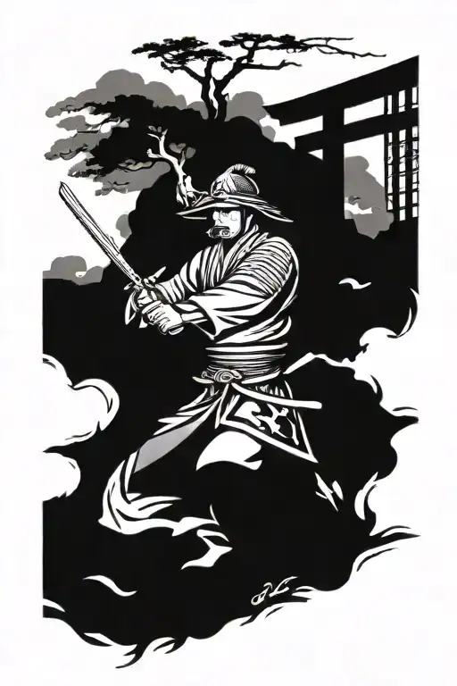 samurai wielding a sword torii gate opening tattoo design idea