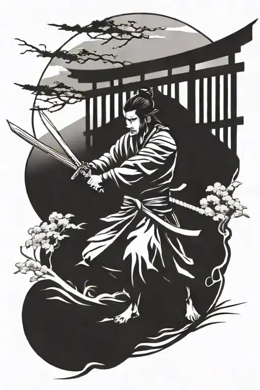 samurai wielding a sword torii gate opening tattoo design idea