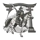 torii gate with samurai warrior wielding a sword on a horse tattoo design idea