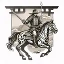 torii gate with samurai warrior wielding a sword on a horse tattoo design idea