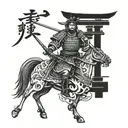 torii gate with samurai warrior wielding a sword on a horse tattoo design idea