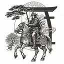 torii gate with samurai warrior wielding a sword on a horse tattoo design idea