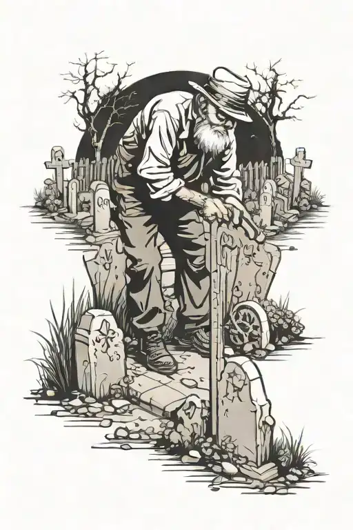 An old man digging in a graveyard, tattoo design idea