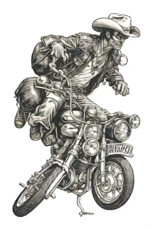 urban cowboy on a motorcycle in a city tattoo design idea