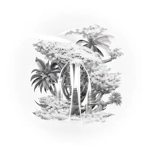 An anime-inspired scene of a freelancer exploring a tropical island filled with palm trees and hidden treasures tattoo design idea