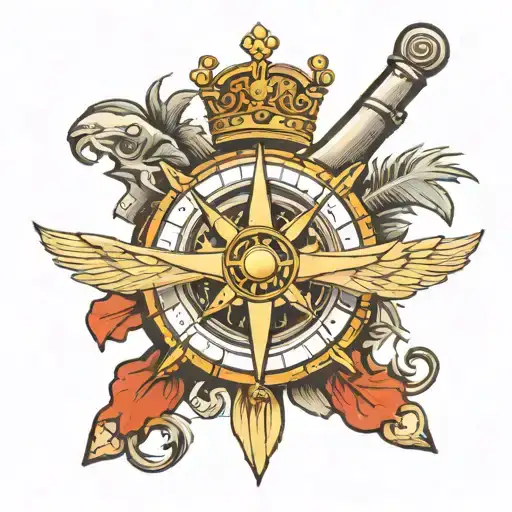 Airplane pirate compass palm pattern crown tattoo design idea