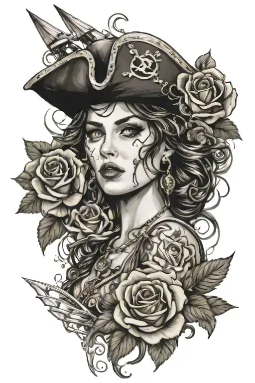 Sail boat sailing with a pirate girl face, pretty, with waves and roses, gold and tresor, feminin and sexy  tattoo design idea
