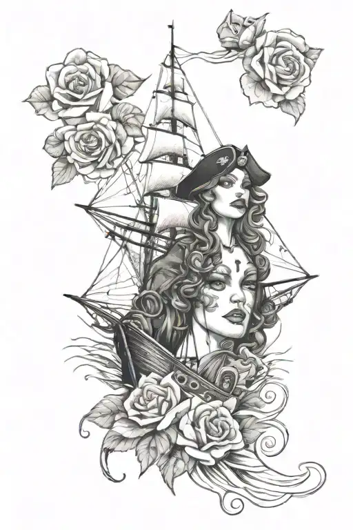 Sail boat sailing with a pirate girl face, pretty, with waves and roses, gold and tresor, feminin and sexy  tattoo design idea