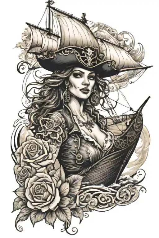 Sail boat sailing with a pirate girl face, pretty, with waves and roses, gold and tresor,   tattoo design idea