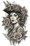 Sail boat sailing with a pirate girl face, pretty, with waves and roses, gold and tresor, feminin and sexy  tattoo design idea