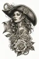 Sail boat sailing with a pirate girl face, pretty, with waves and roses, gold and tresor, feminin and sexy  tattoo design idea