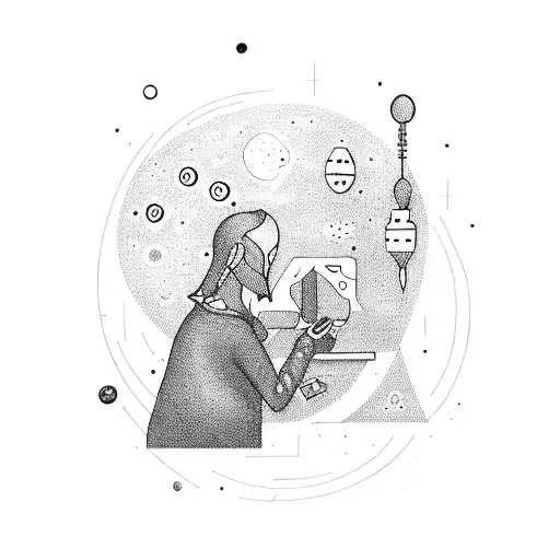 A computer operator surrounded by celestial bodies tattoo design idea