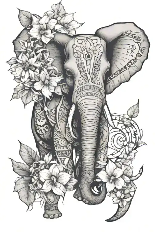 elephant head with dream catcher orchids and mandala  tattoo design idea