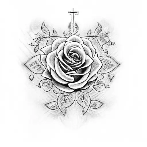 A cross with rose vines on it and John 14 written in script tattoo design idea