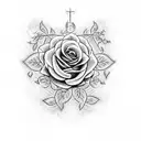 A cross with rose vines on it and John 14 written in script tattoo design idea