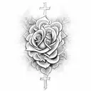 A cross with rose vines on it and John 14 written in script tattoo design idea