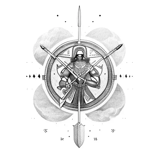 Sagittarius with a sword representing Leo and a shield representing Cancer tattoo design idea