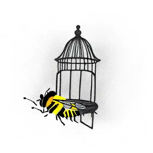 birdcage with open door. bee flying away. black and white. dimensional tattoo design idea