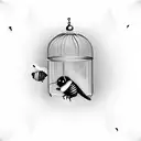 classic birdcage with open door bee flying into distance black and white dimensional tattoo design idea