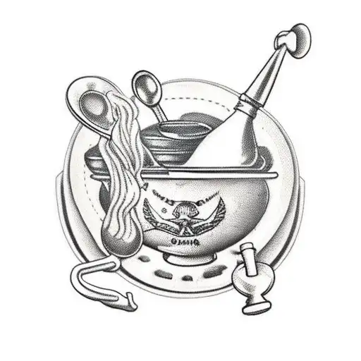 a tattoo containing a bowl of pasta, a beret, a stethoscope, and a spoon with sugar. These four designs should be togeth tattoo design idea