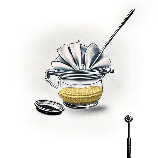 a tattoo containing a bowl of pasta, a beret, a stethoscope, and a spoon with sugar. These four designs should be togeth tattoo design idea