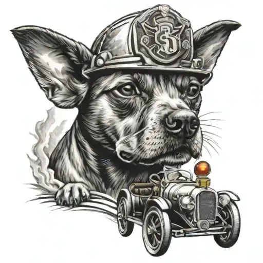 A dog driving a vintage car with a firefighter's helmet on tattoo design idea