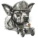 A dog driving a vintage car with a firefighter's helmet on tattoo design idea
