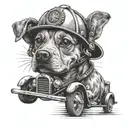 A dog driving a vintage car with a firefighter's helmet on tattoo design idea