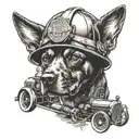 A dog driving a vintage car with a firefighter's helmet on tattoo design idea