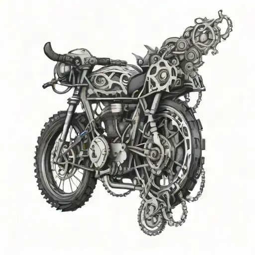 A detailed blackwork tattoo of a sleek bike with intricate gears and chains intertwined with vines and flowers tattoo design idea