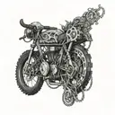 A detailed blackwork tattoo of a sleek bike with intricate gears and chains intertwined with vines and flowers tattoo design idea