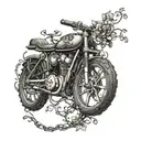 A detailed blackwork tattoo of a sleek bike with intricate gears and chains intertwined with vines and flowers tattoo design idea