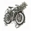 A detailed blackwork tattoo of a sleek bike with intricate gears and chains intertwined with vines and flowers tattoo design idea