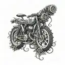 A detailed blackwork tattoo of a sleek bike with intricate gears and chains intertwined with vines and flowers tattoo design idea