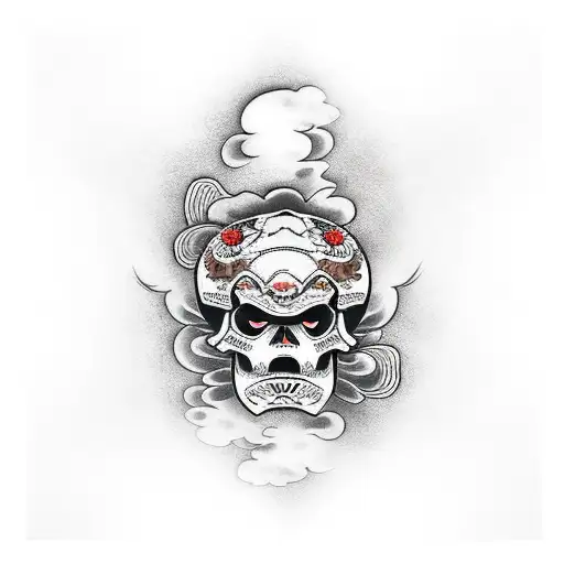 japanese skull with koi fish and clouds tattoo design idea
