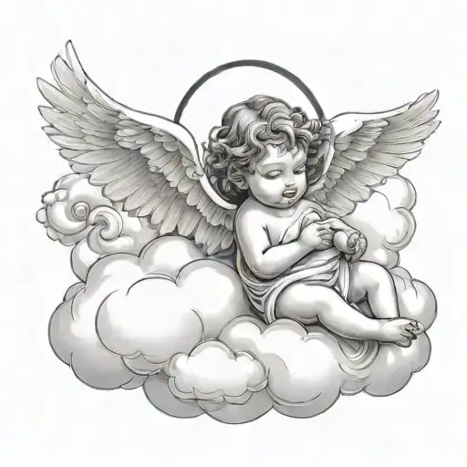 baby angel around clouds and a cross of Jesus Christ tattoo design idea
