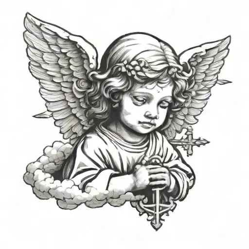 little angel with clouds and a cross of Jesus Christ tattoo design idea