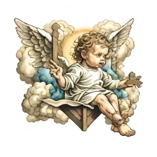 baby angel around clouds and a cross of Jesus Christ tattoo design idea