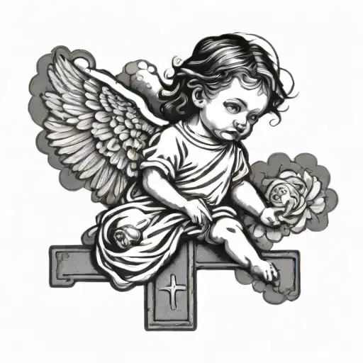 baby angel around clouds and a cross of Jesus Christ tattoo design idea