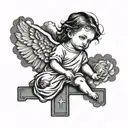 baby angel around clouds and a cross of Jesus Christ tattoo design idea