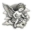 baby angel around clouds and a cross of Jesus Christ tattoo design idea