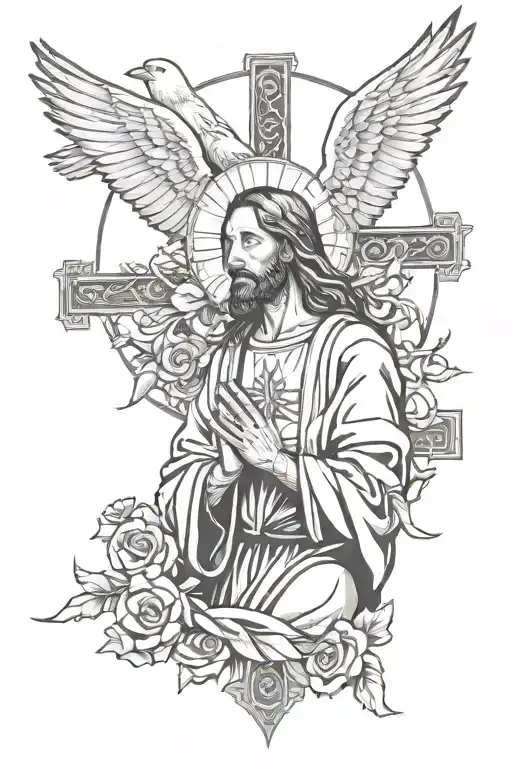 Jesus Christ praying with doves and crosses  tattoo design idea