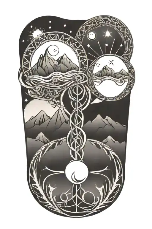 double helix intertwined with the sun and moon and mountains  tattoo design idea