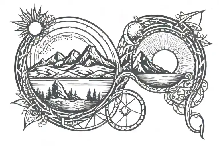double helix intertwined with three mountains, a sun, and a moon tattoo design idea
